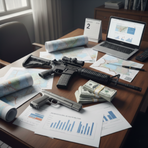 imagen que ilustra la entrada de blog sobre el comercio de armas. Se ve una mesa con armas, dinero y documentos.